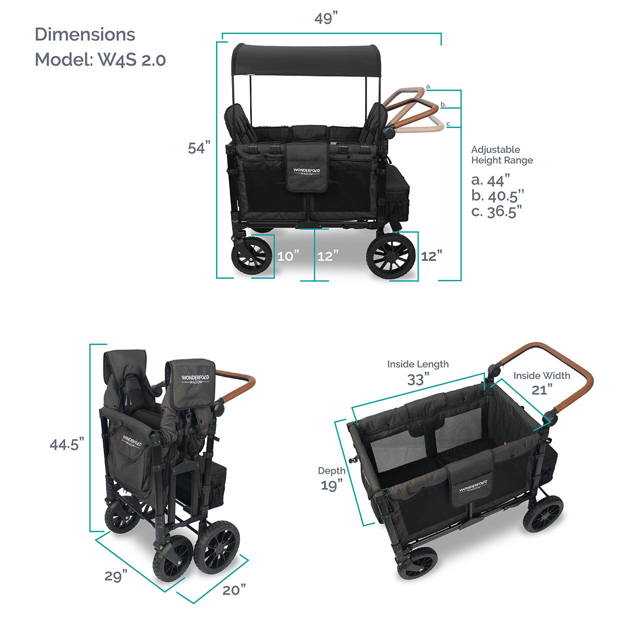 Wonderfold W4 LUXE Quad Stroller Wagon in Volcanic Black- Bambi Baby