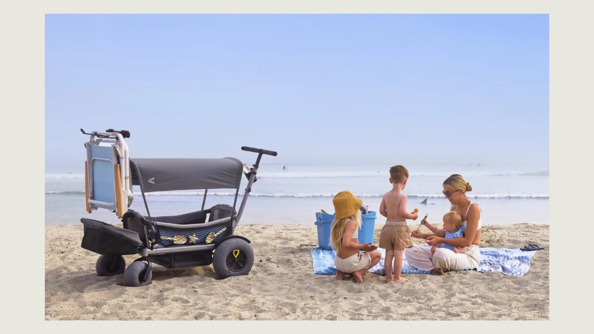 Mom at beach with Veer Cruiser and Veer Beach Accessories