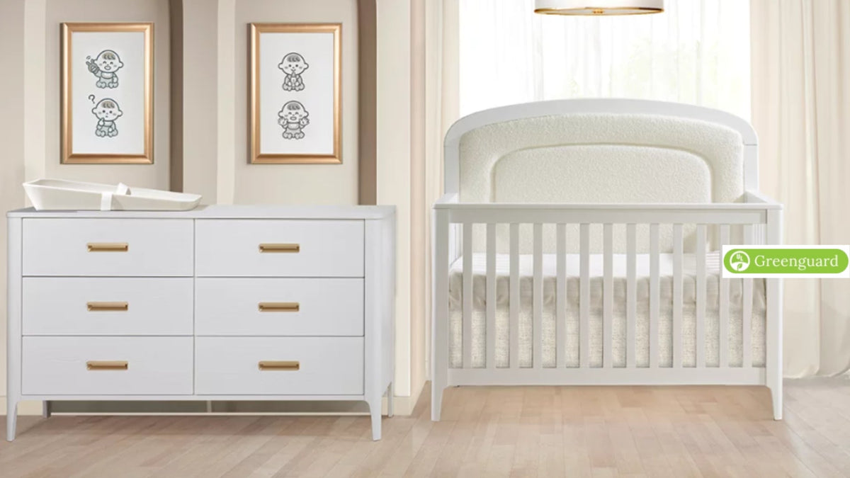 Natart Palo Crib with Upholstered Head board and Double Dresser with Matty Changer