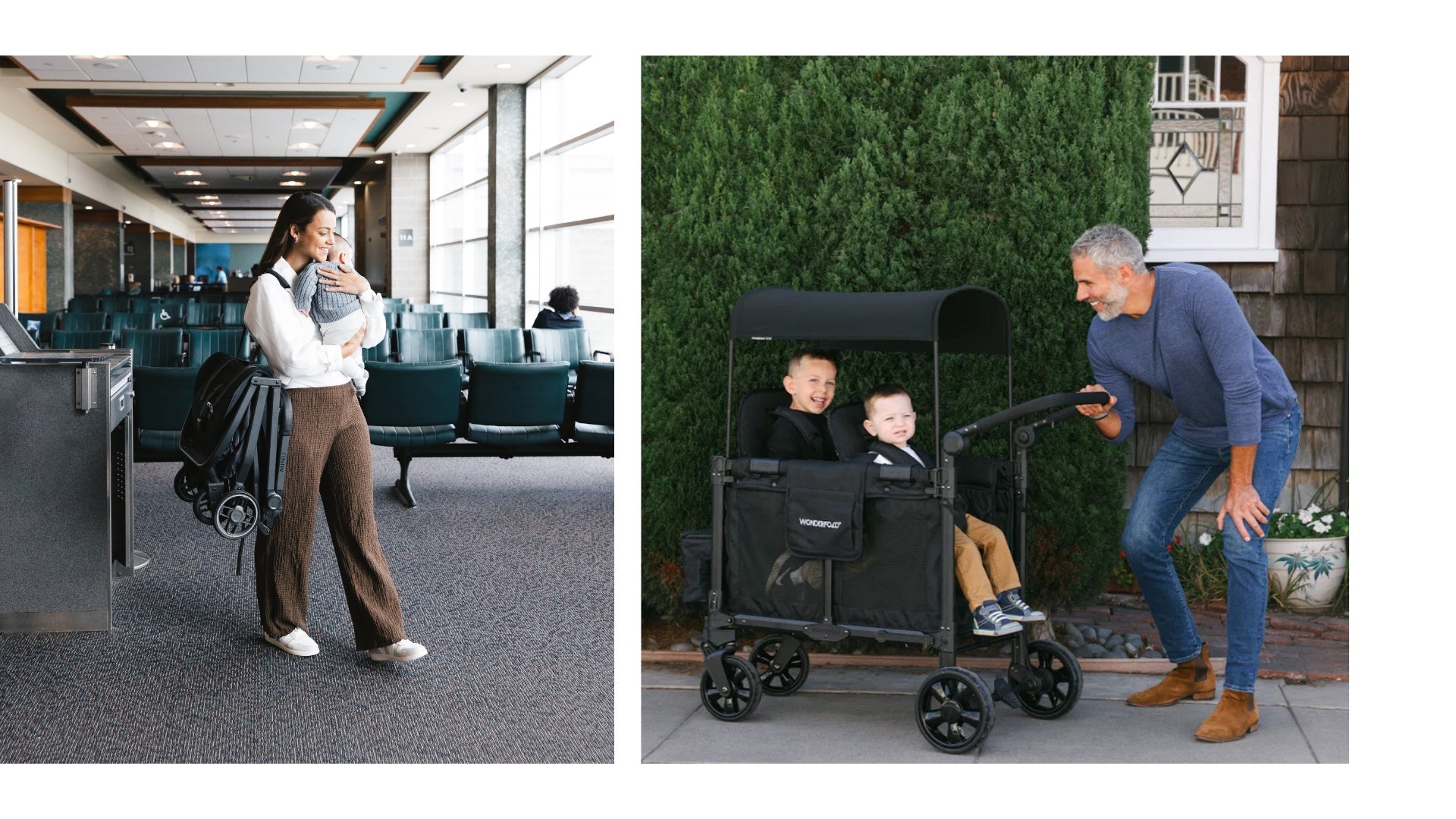 UPPAbaby Minu V3 folded and shoulder toted and 2 children parent facing in Wonderfold W2 Elite Pro Wagon