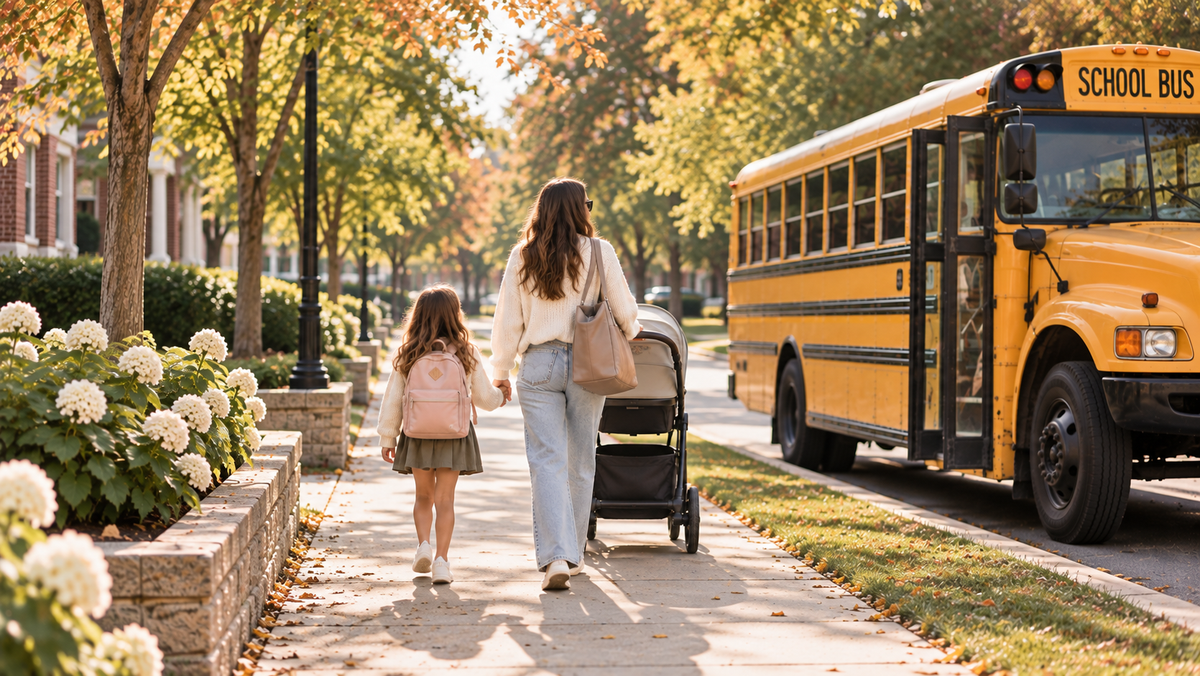 Mom receiving daughter off a school bus and walking hand and hand down a suburban sidewalk while pushing baby in a stroller
