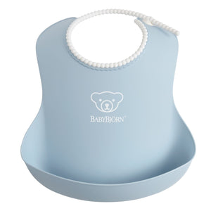Powder Blue BabyBjörn Soft Baby Bib - Front View | Bambi Baby