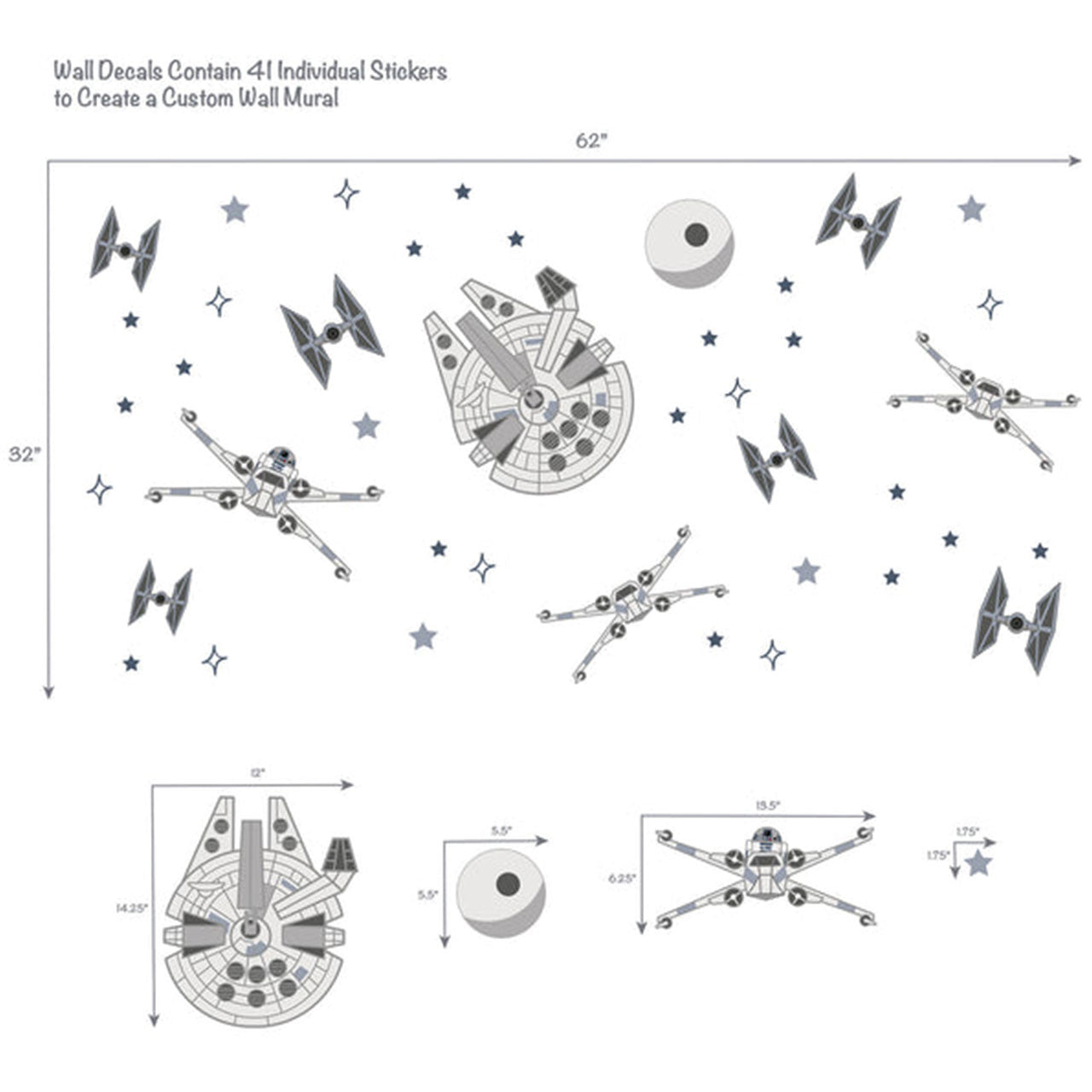 Lambs & Ivy Star Wars Millennium Falcon Wall Decal - Falcon Tie Fighters- Bambi Baby