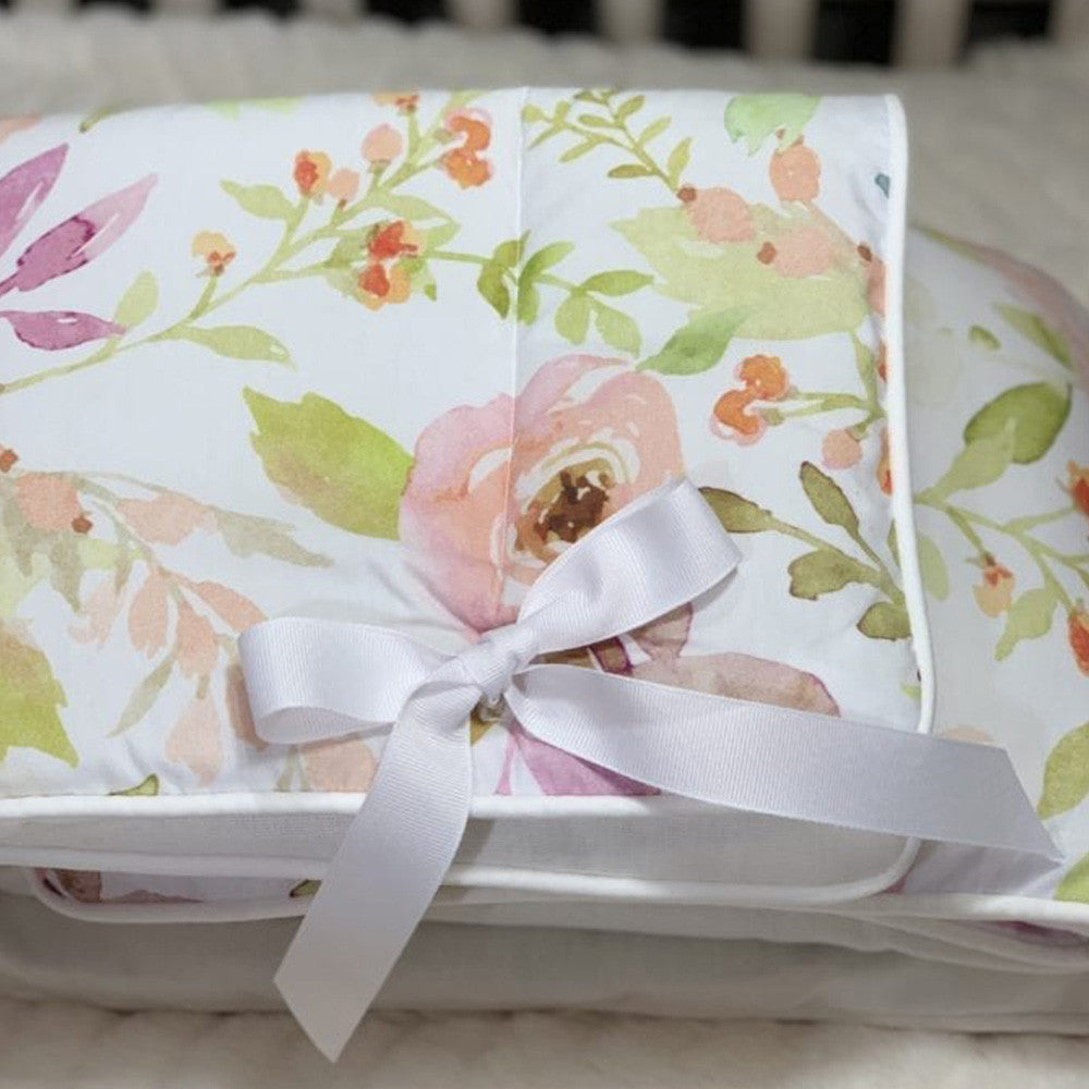 Liz and Roo Blush Watercolor Floral Rail Cover (with ribbons, white trim)- Bambi Baby