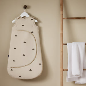 Sand SnuzPouch Sleeping Bag Hanging on Nursery Hanger - Graphite Cloud Print Side View | Bambi Baby