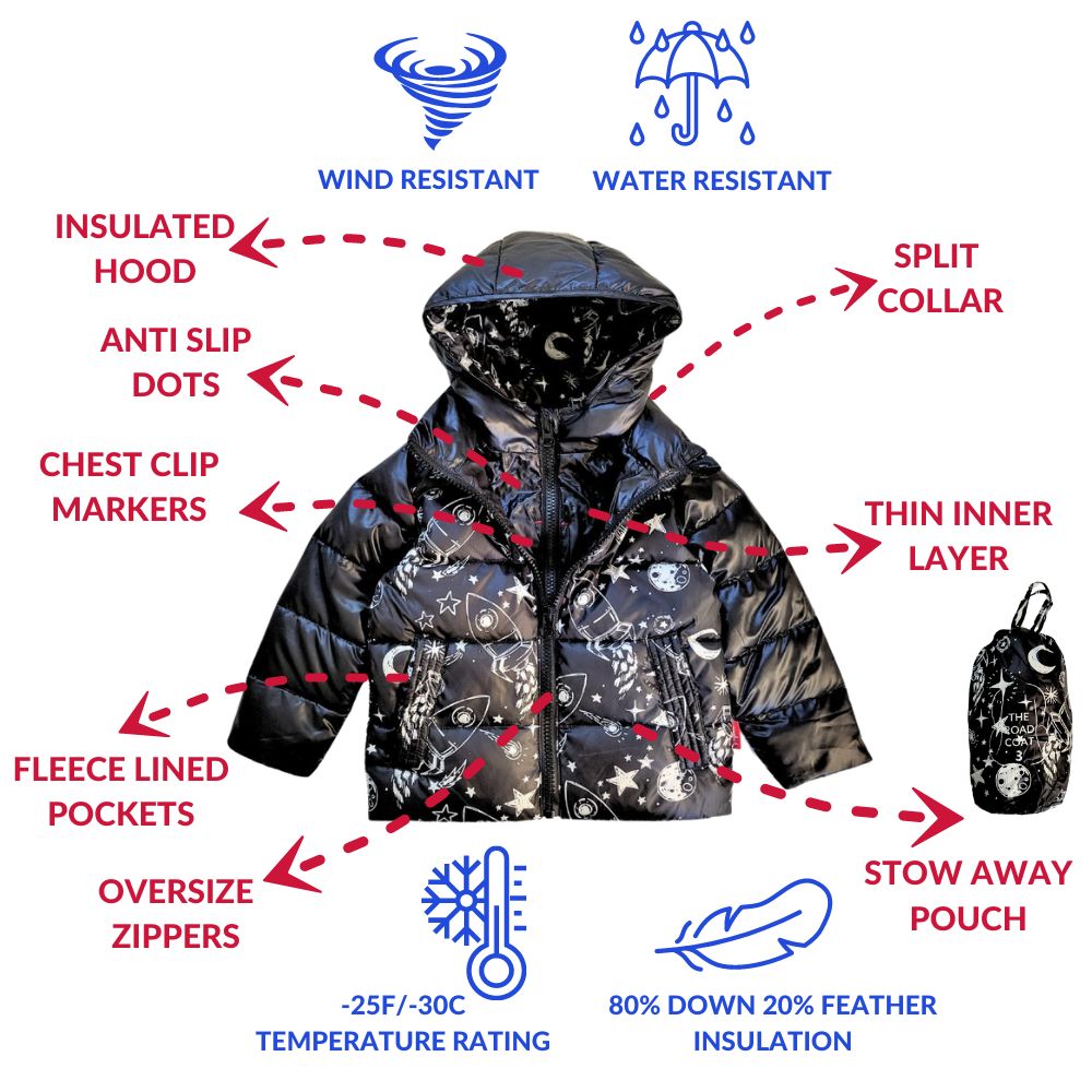 Onekid Car Seat Coat | The Road Coat Down - Rocketship Print- Bambi Baby
