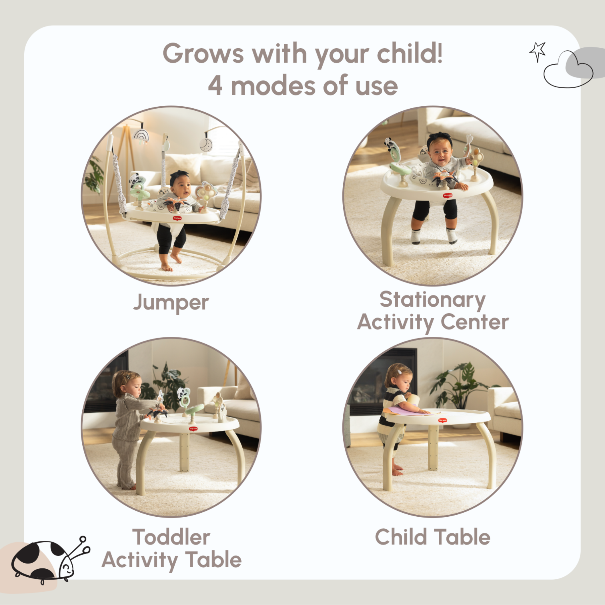 Tiny Love Black & White 4-in-1 Jump & Play Stationary Activity Center- Bambi Baby