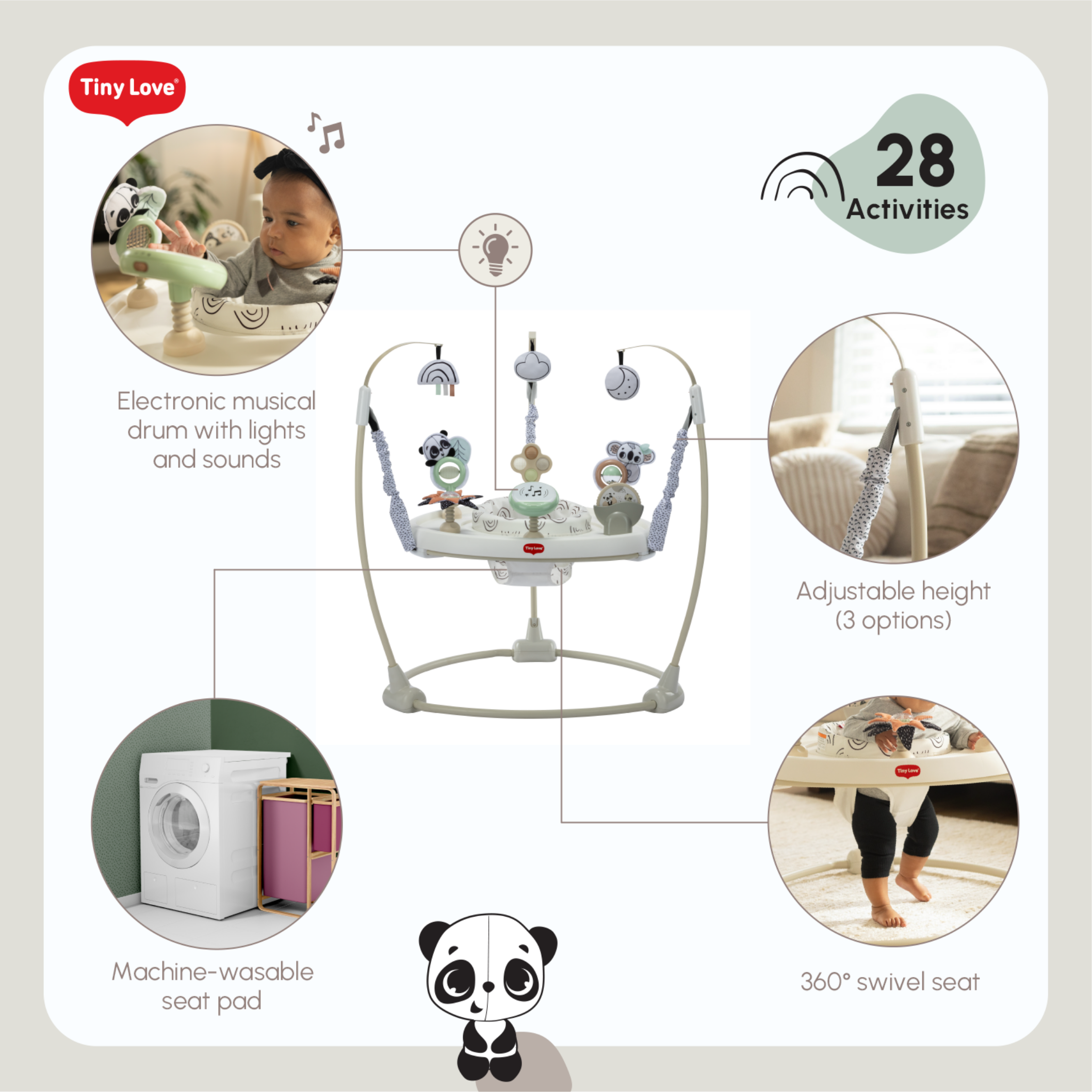 Tiny Love Black & White 4-in-1 Jump & Play Stationary Activity Center- Bambi Baby