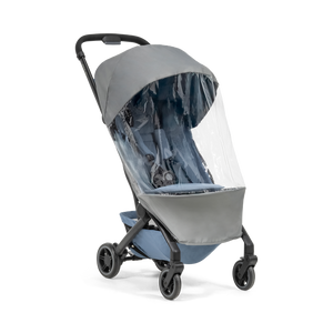 Clear Joolz Dot Raincover Fitted on Grey & Blue Stroller - 3/4 Front View | Bambi Baby