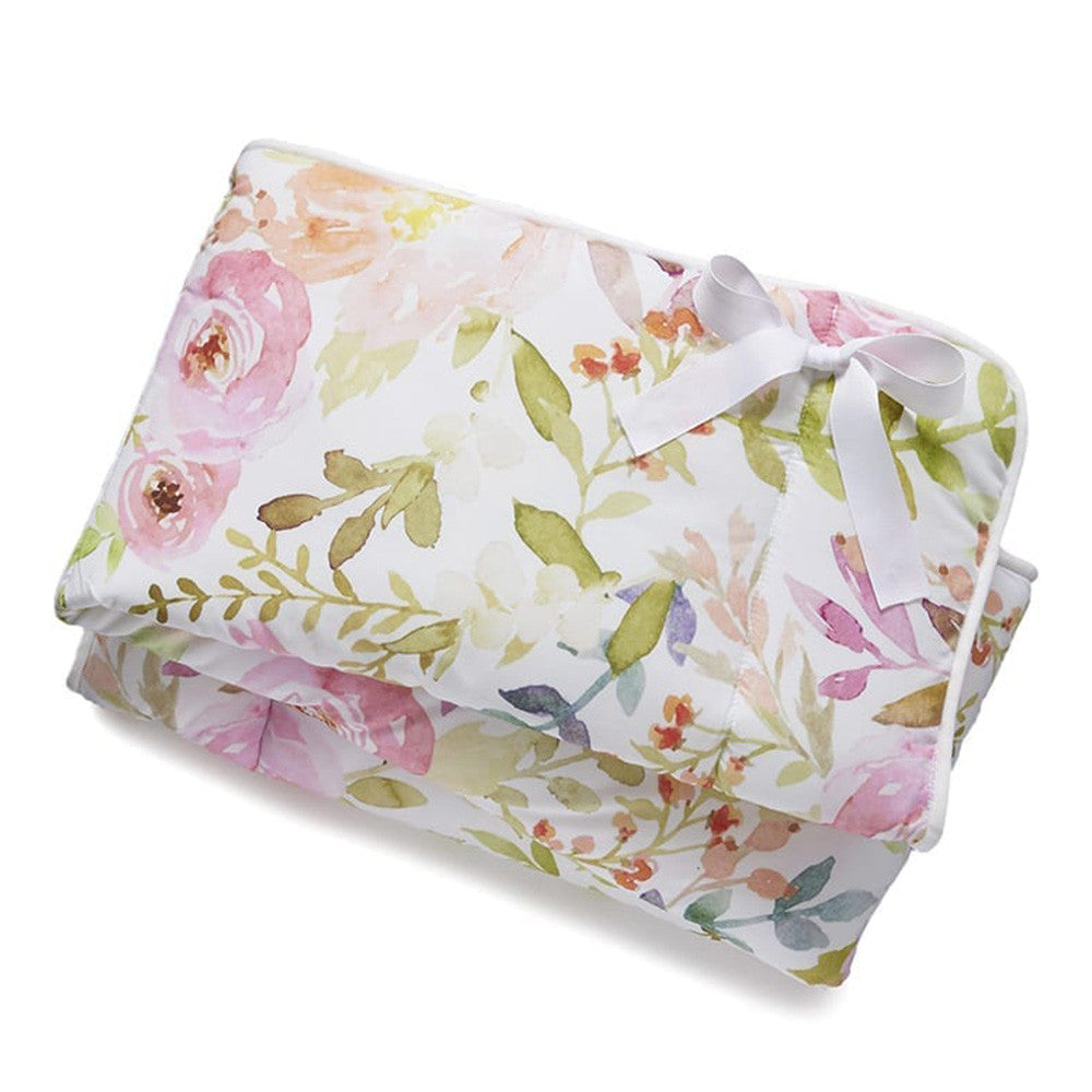 Liz and Roo Blush Watercolor Floral Rail Cover (with ribbons, white trim)- Bambi Baby