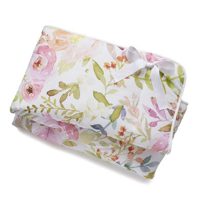 Liz and Roo Blush Watercolor Floral Rail Cover (with ribbons, white trim)- Bambi Baby