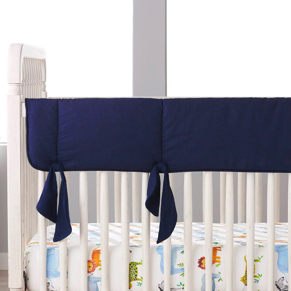 Liz and Roo Navy Linen Crib Rail Cover with Navy Linen Knot Ties (sewn in)- Bambi Baby