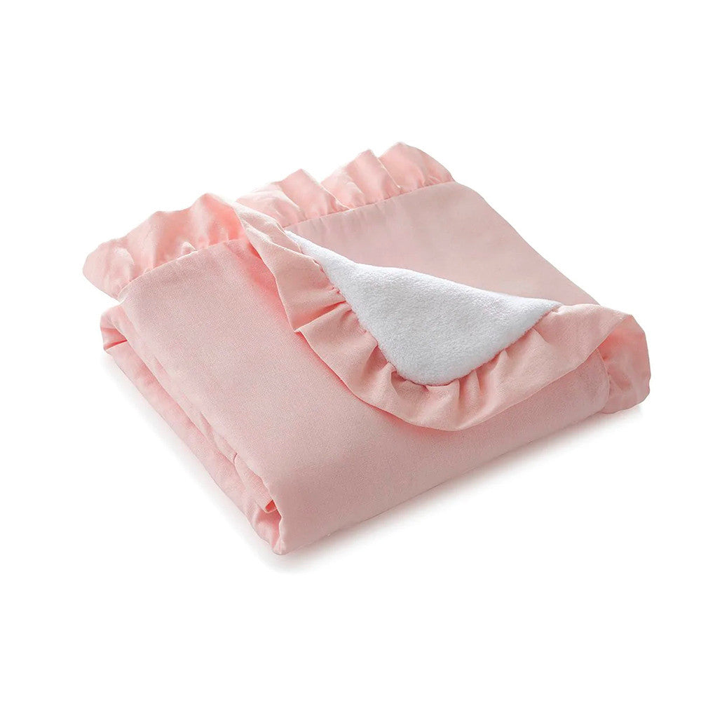 Liz and Roo Petal Pink Linen Solid Blanket (Reverses to Cuddle Fleece) with Ruffles- Bambi Baby
