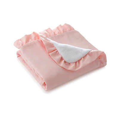 Liz and Roo Petal Pink Linen Solid Blanket (Reverses to Cuddle Fleece) with Ruffles- Bambi Baby
