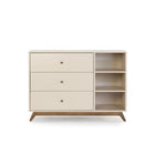 Almond Milk/Walnut dadada Central Park 3-Drawer Dresser with Open Shelving and Walnut Legs - Front View | Bambi Baby