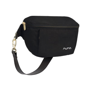 Black Woven Nuna Stroller Sling Bag with Gold Zipper and Leather Shoulder Strap - Right Side View | Bambi Baby