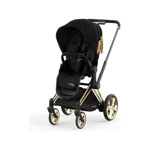 Black CYBEX e-PRIAM 2 Jeremy Scott Wings Stroller with Gold Wheels & Feather Wing Accent - Front Angle | Bambi Baby