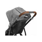 Saddle Brown Leather Handlebar Covers on UPPAbaby VISTA Stroller - Rear Three-Quarter View | Bambi Baby