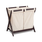 Cream Canvas UPPAbaby 2-Section Hamper Insert on Espresso Bassinet Stand - Front View | Bambi Baby