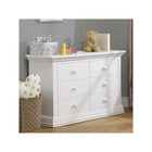 Sorelle Modesto White Wood Double Dresser - Nursery Styled Three-Quarter View | Bambi Baby
