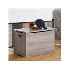 Sorelle Farmhouse Panel Gray Wood Toy Box - Styled Room View with Lid Closed | Bambi Baby