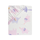 White Microfiber Elephant Dreams Fitted Crib Sheet - Folded View Showing Elastic Edge and Full Print | Bambi Baby