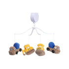 4 Plush Construction Trucks on White Rotating Arm Baby Crib Mobile - Full Set View | Bambi Baby