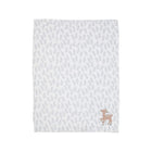 White Coral Fleece Baby Blanket Gray Leaf Print with Corner Tan Fawn Appliqué - Full Flat Lay | Bambi Baby