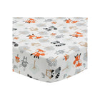 White Microfiber Woodland Friends Fitted Crib Sheet - Angled View Showing Fox, Owl & Raccoon Print | Bambi Baby