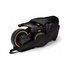 Black Ripstop Fabric Doona Liki Trike Travel Bag - Open Angled View with Yellow-Accent Trike | Bambi Baby