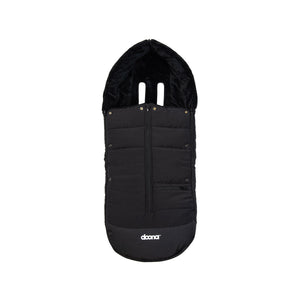 Midnight Black Padded Doona Footmuff - Front View, water-repellent winter stroller accessory with faux-fur hood | Bambi Baby