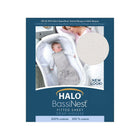 Taupe Herringbone Cotton BassiNest Fitted Sheet - Retail Packaging Back with Lifestyle Scene | Bambi Baby
