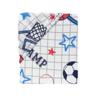 White Cotton Sports Print Crib Sheet - Folded, Elastic Edge & Champ Lettering Detail | Bambi Baby