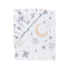 White Cotton Fitted Crib Sheet Gray Copper Moon Star Print - Folded View | Bambi Baby