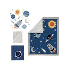 Navy Blue Cotton 4-Piece Crib Bedding Set - Rockets & Planets Quilt with Wall Appliques - Full Set View | Bambi Baby