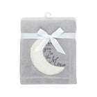 Grey Fleece Baby Blanket Hanger Display - Sherpa Moon Appliqué with White Ribbon Bow | Bambi Baby