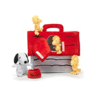 Red Velour Snoopy Plush Dog House Set - Angled View with Snoopy, Three Woodstock & Food Bowl | Bambi Baby