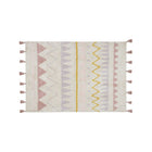 Natural Nude Cotton Azteca Washable Nursery Rug - Angled View, Mustard & Pink Pattern | Bambi Baby