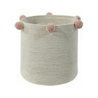 Natural Braided Cotton Bubbly Toy Storage Basket with Nude Pompoms - Angled View | Bambi Baby