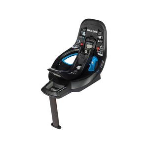 Black Maxi-Cosi Peri 180 Rotating Infant Car Seat Base - Front 3/4 View with Blue FlexiSpin Ring & Support Leg | Bambi Baby
