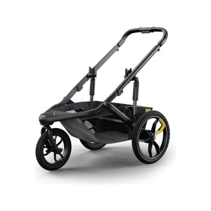 Charcoal Veer Switchback Jogging Stroller Frame - 3/4 Rear View with Yellow Wheel Accents | Bambi Baby