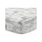 White Cotton Fitted Crib Sheet with Gray Giraffes & Gold Stars - Corner Detail | Bambi Baby