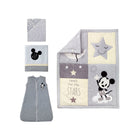 Grey Mickey Mouse 4-Piece Crib Bedding Set - All Components Flat Lay | Bambi Baby