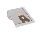 Gray Plush Baby Blanket with Bear & Owl Appliqué - Angled Roll View | Bambi Baby