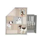 Tan & Grey Patchwork Dog Appliqué Crib Quilt Styled in Grey Crib - Set View | Bambi Baby