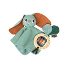 Sage Green Muslin Bunny Lovey and Wooden Rattle Gift Set - Flat Lay | Bambi Baby