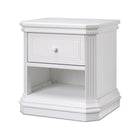 White Wood Sorelle Vista Elite Nightstand with Antique Knob Hardware and Open Shelf - Angled Silo | Bambi Baby