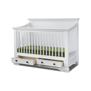 White Wood Sorelle Portico Storage Crib with Open Drawers - Angled View | Bambi Baby