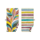 Tropics Microfiber Quick-Dry Beach Towel - Front & Reverse Flat Lay, Vibrant Tropical Leaf Multistripe Print | Bambi Baby