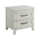 Rustic White Wood 2-Drawer Nursery Nightstand - 3/4 View with Black Hardware | Bambi Baby
